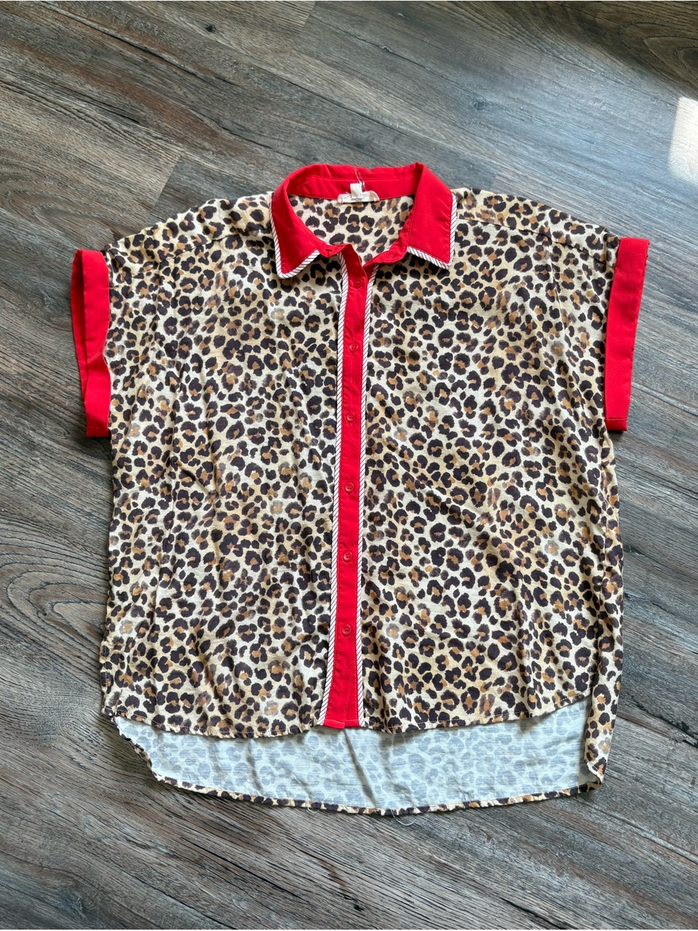 entro Leopard Print Button-Up Top with Red Trim